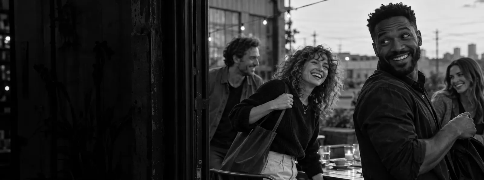 Business owners laughing together outside at dusk.