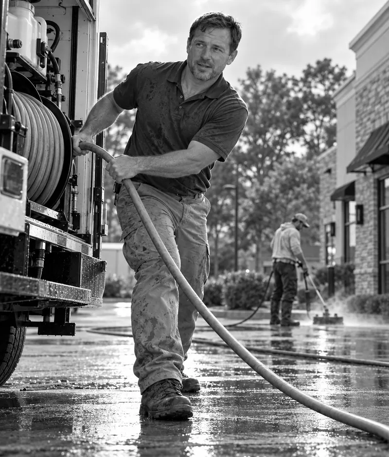 Marcus pulling a hose from his pressure-washing truck at a job site.