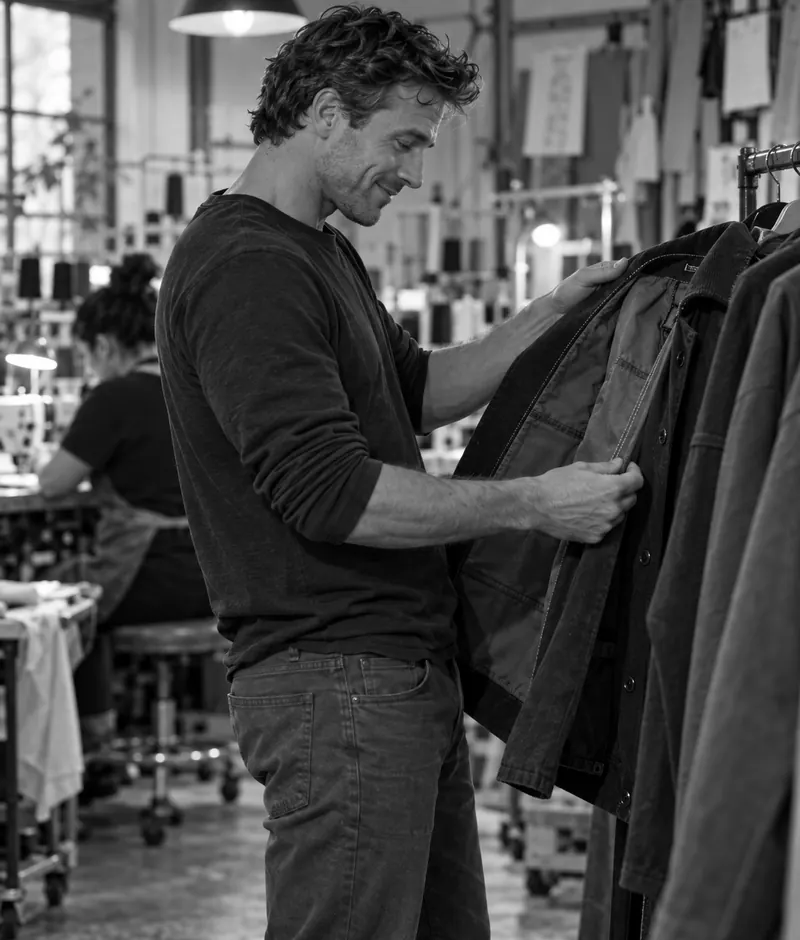 Sam checking a finished jacket in a garment workshop.